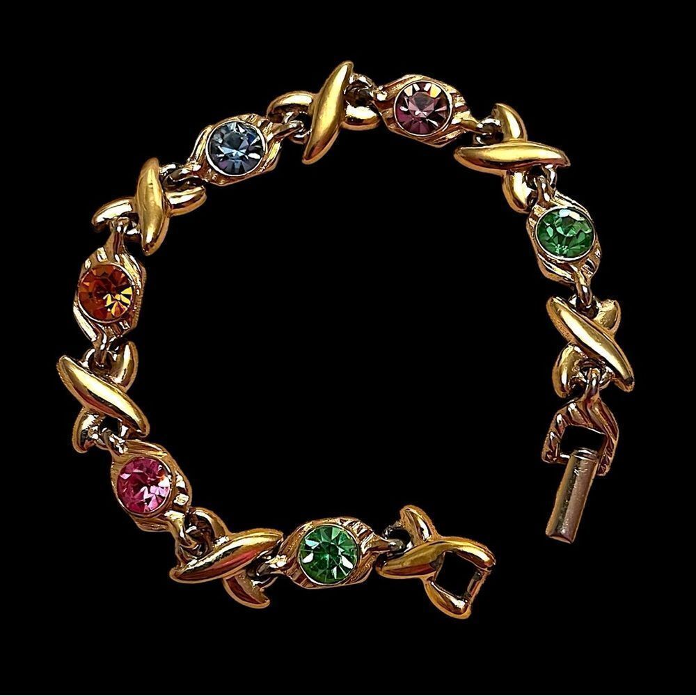 Multi Color Crystal Gold Tone Tennis Bracelet